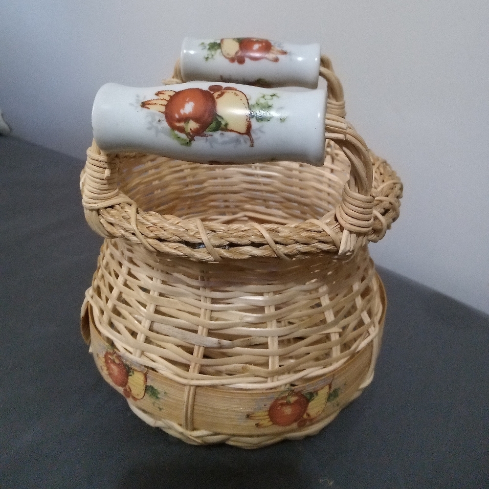 Wicker Basket Hand Painted Fruit Porcelain Handles Braided Rim Cottagecore Farm